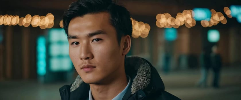 A young man with a confident expression poses against a backdrop of colorful lights at night in urban setting. A resident of Kazakhstan, a cute man of 25 years old. Student or applicant. AI generated.