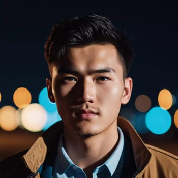 A young man with a confident expression poses against a backdrop of colorful lights at night in urban setting. A resident of Kazakhstan, a cute man of 25 years old. Student or applicant. AI generated.