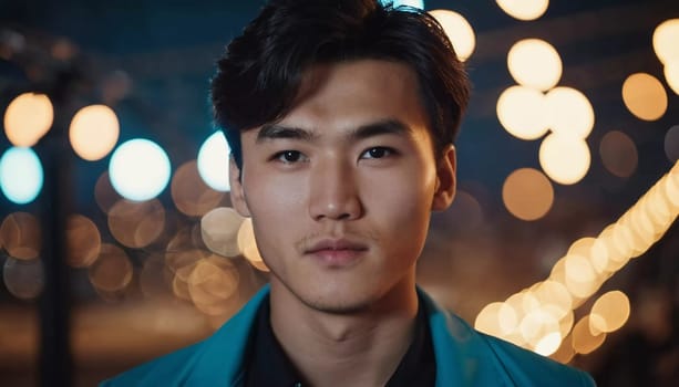 A young man with a confident expression poses against a backdrop of colorful lights at night in urban setting. A resident of Kazakhstan, a cute man of 25 years old. Student or applicant. AI generated.