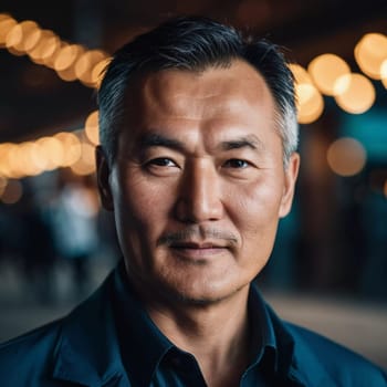 A man with short hair gazes into the camera, exuding confidence and poise. Urban setting. A resident of Kazakhstan, a cute man of 50 years old. A grown man, confident in his abilities. AI generated.