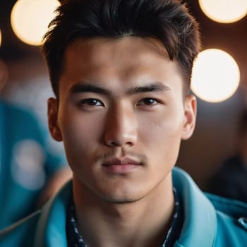 A young man with a confident expression poses against a backdrop of colorful lights at night in urban setting. A resident of Kazakhstan, a cute man of 25 years old. Student or applicant. AI generated.