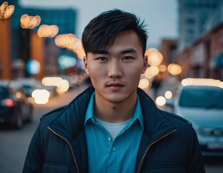 A young man with a confident expression poses against a backdrop of colorful lights at night in urban setting. A resident of Kazakhstan, a cute man of 25 years old. Student or applicant. AI generated.