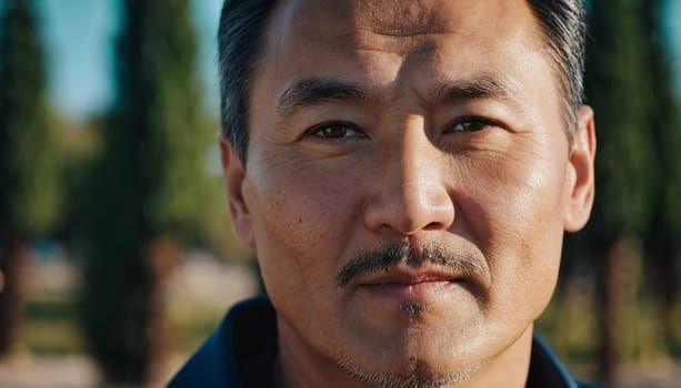 A man with short hair gazes into the camera, exuding confidence and poise. Urban setting. A resident of Kazakhstan, a cute man of 50 years old. A grown man, confident in his abilities. AI generated.