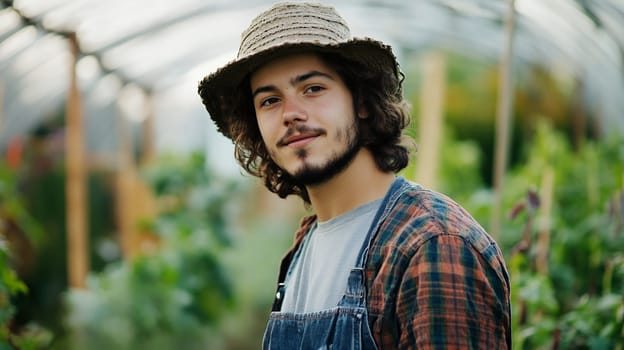 A young male farmer smiles confidently in a greenhouse, surrounded by thriving plants and vibrant greenery.