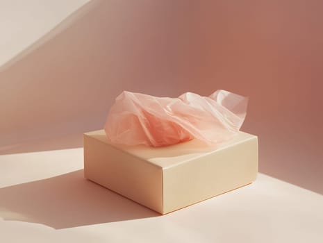 A pastel-colored tissue box with a single tissue elegantly draped, set against a soft pink background with gentle sunlight.