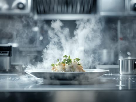 A freshly prepared gourmet dish emits steam in a professional kitchen, highlighting culinary artistry.