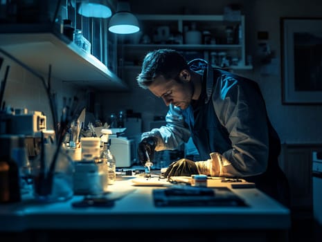 A scientist deeply engaged in research within a laboratory setting, surrounded by scientific equipment and blue lighting.