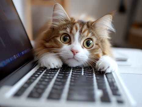 A curious cat with wide eyes explores a keyboard, embodying playfulness and curiosity in a modern setting.