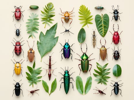 An artistic arrangement of vibrant beetles and leaves on a neutral background showcasing nature's diversity.