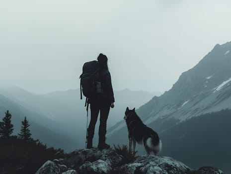 A person with a backpack and dog stands on a rocky mountain peak, symbolizing exploration and companionship.