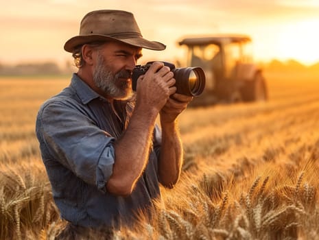 A bearded man with a camera captures the golden wheat field at sunset, blending nature and creativity.