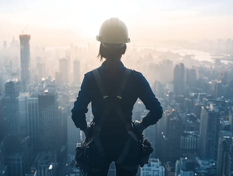 An engineer in safety gear overlooks a sprawling cityscape at dawn, representing progress and ambition.
