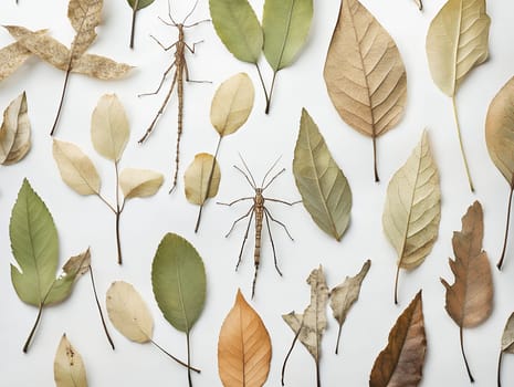 Stick insects camouflaged amidst a variety of dry and green leaves, showcasing nature's mimicry.
