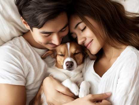 A couple happily cuddling with their sleeping dog, capturing a moment of warmth and affection.