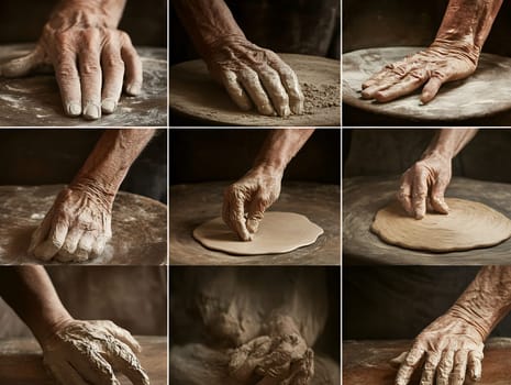 A series of images showing skilled hands shaping clay, highlighting the art of pottery making.