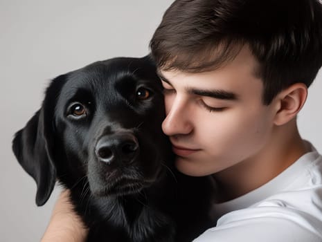 A tender moment as a young man lovingly hugs his black dog, showcasing a deep bond and affection.