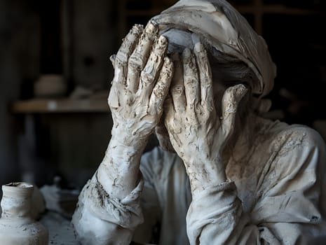 A sculptor with hands and face covered in clay, capturing the intensity and focus of artistic creation.