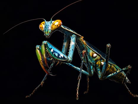 A close-up of a vibrant, colorful praying mantis against a black background, highlighting its intricate details.