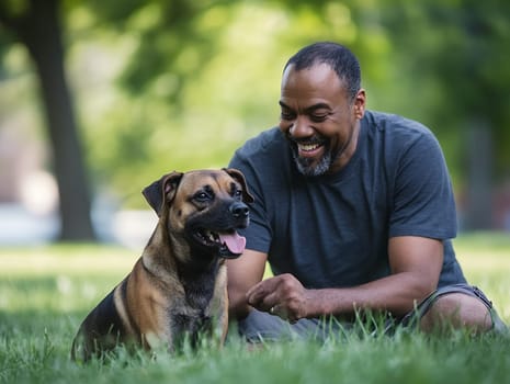 A joyful man playing with his dog in a sunlit park, capturing a moment of happiness and freedom.