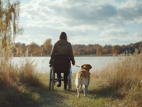 Person in wheelchair accompanied by dog on a serene lakeside path, embracing nature and companionship.