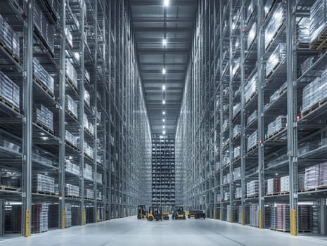 A vast warehouse filled with towering shelves and forklifts, showcasing industrial efficiency and organization.
