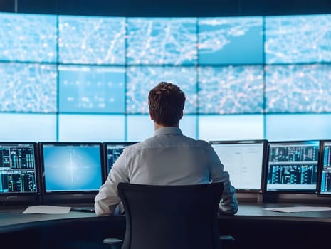 A man working at a high-tech command center, analyzing data on multiple screens in a futuristic environment.