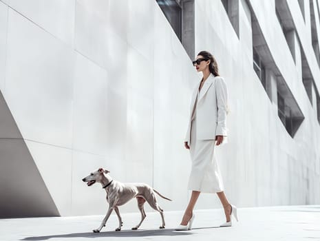 Stylish woman in white suit walking her dog against a modern urban backdrop, exuding sophistication.