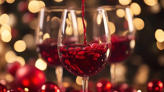 A vibrant red beverage is poured into elegant glasses surrounded by festive decor capturing the spirit of holiday celebrations.
