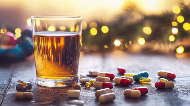 A glass filled with amber liquid rests on a rustic wooden table surrounded by various colorful pills and soft bokeh lights in the background.