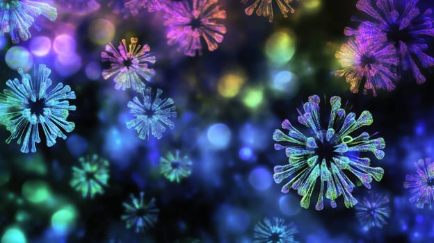Colorful microorganisms float in a cosmic background filled with glowing particles creating a lively and engaging visual experience.