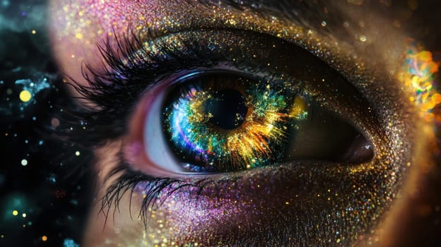 A close up shows a mesmerizing eye filled with cosmic colors and glitter creating a magical dreamlike effect in a dark environment.