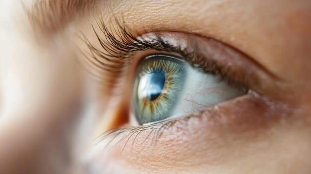 A close view of a blue eye showcasing intricate details emphasizing the vibrant colors and reflecting light while positioned in soft focus.