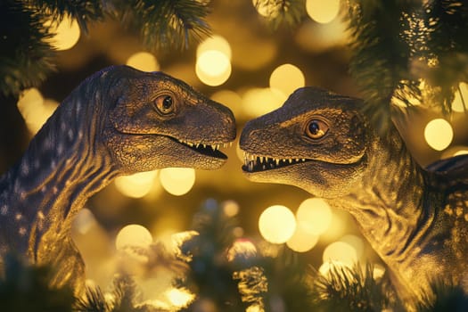Two dinosaur toy figures face each other amidst colorful holiday lights creating a playful and whimsical atmosphere during the festive season.