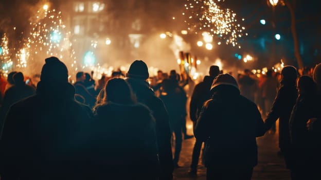 A large crowd gathers in the evening joyfully holding torches and sparklers while celebrating together in a festive atmosphere.
