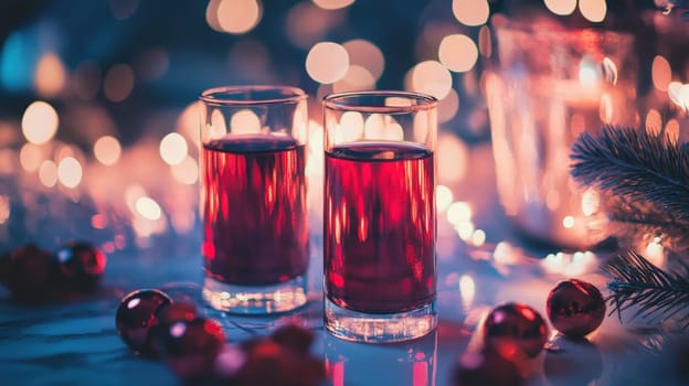 Two glasses filled with a red beverage sit on a table adorned with decorative lights and festive ornaments creating a celebratory atmosphere.