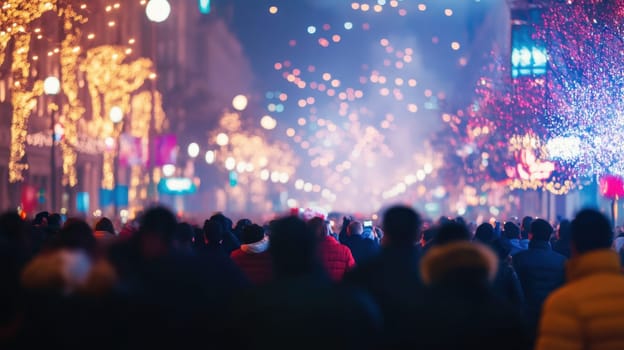 People gather on a bustling street adorned with colorful lights and decorations creating a lively atmosphere during the night.