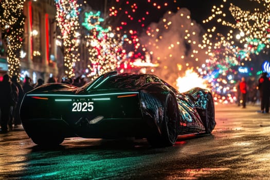A high tech car draws attention on a lively street adorned with colorful lights and decorations creating an electrifying atmosphere.