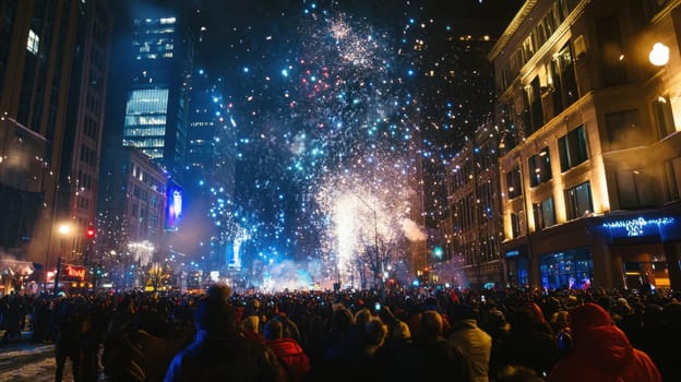 Crowds gather in a vibrant city square as colorful fireworks light up the night sky celebrating a festive occasion.