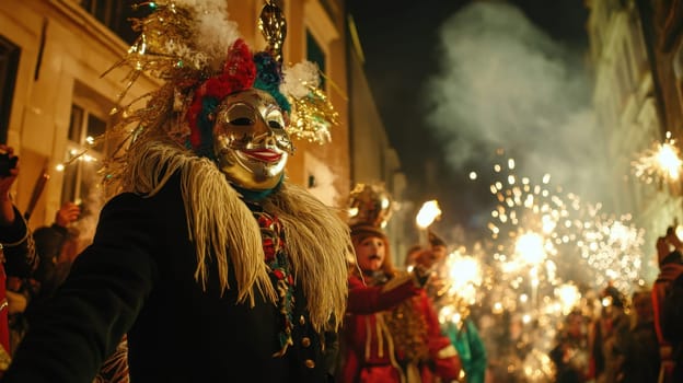 Participants wear vibrant masks and costumes while celebrating with sparklers during a night festival in a lively street.