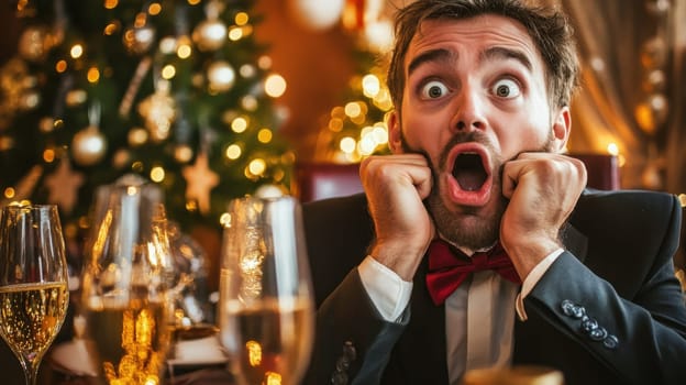 A man expresses shock and excitement during a lively holiday dinner celebration at a decorated restaurant during the festive season.