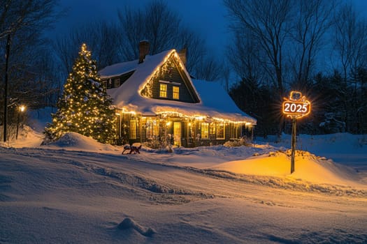 A charming cabin blanketed in snow shines with warm lights surrounded by a festive tree in a serene winter landscape.