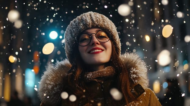 A young woman wearing a cozy hat and warm jacket enjoys the snowfall at night with glowing lights in the background enhancing the festive mood.