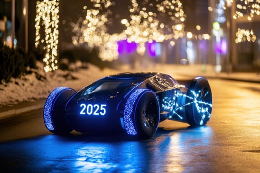 A sleek modern vehicle adorned with bright lights drives through a wintery city setting at night. The atmosphere is festive and vibrant.