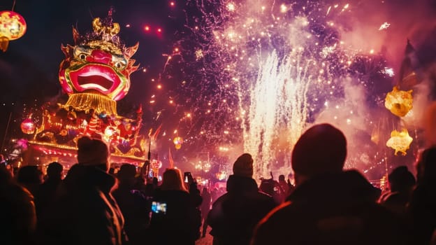 Crowds gather to enjoy vibrant fireworks and lanterns during a festive evening celebration filled with excitement and joy.