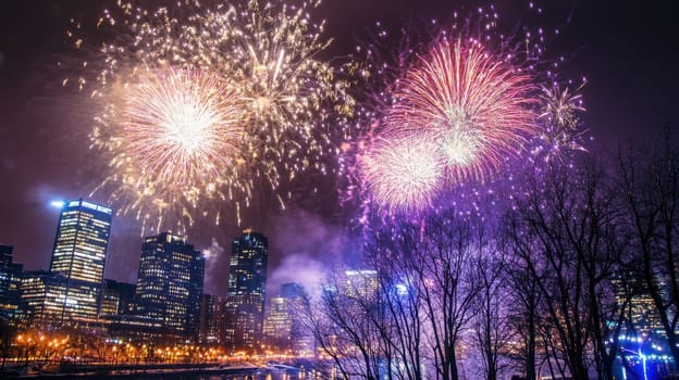 A vibrant fireworks display lights up the night sky over the city skyline creating a festive atmosphere along the riverbank.