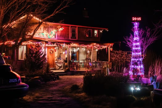 A beautifully decorated house shines with vibrant lights at night creating a cheerful atmosphere for the upcoming celebration in 2025.