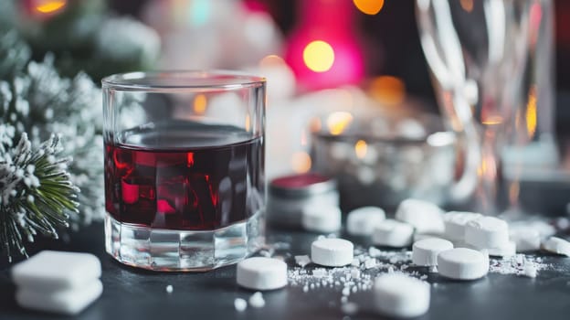 A glass filled with a rich beverage sits on a table surrounded by sugar cubes and festive decorations creating a cozy atmosphere.