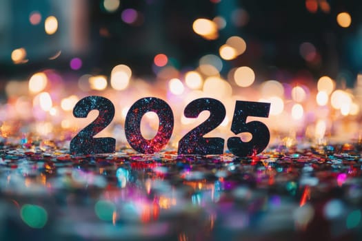 Sparkling numbers representing the year 2025 sit on a colorful surface filled with confetti and shimmering lights creating a festive atmosphere.