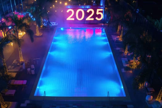 A dazzling pool illuminated with vibrant blue lights and a large sign reading 2025 set for an exciting New Year celebration.