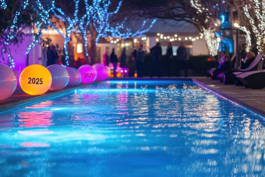 People enjoy a lively evening by the pool adorned with colorful lights and floating balls creating a festive atmosphere.